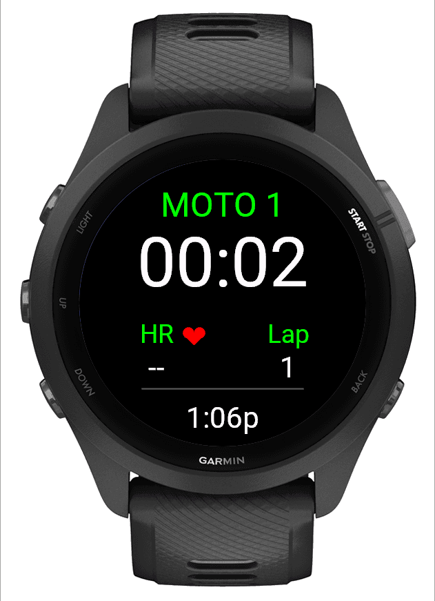 Moto in progress: timer, heart rate, and lap count