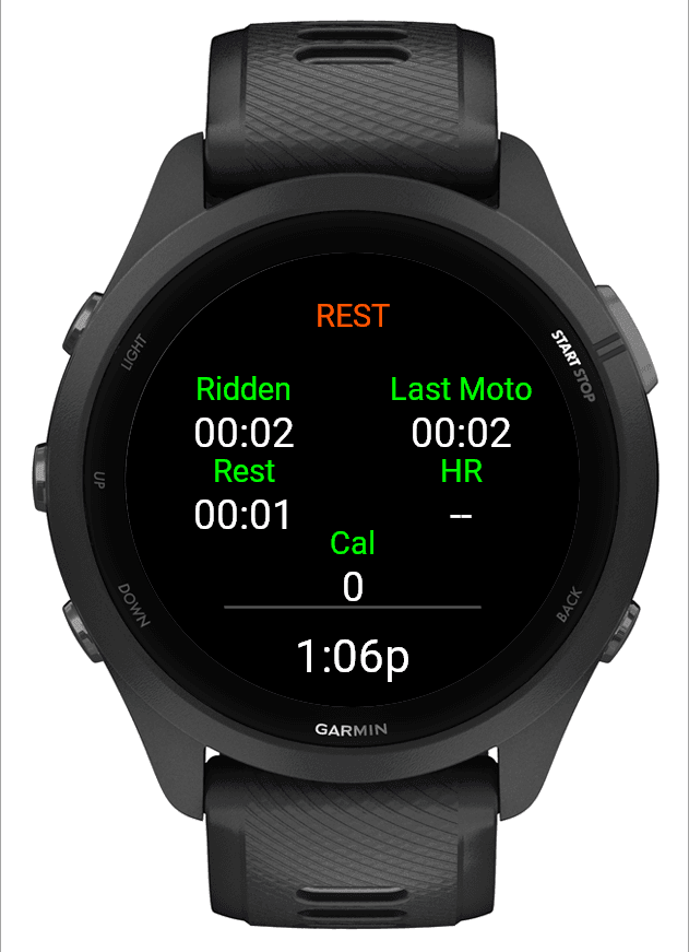 Rest screen: time ridden, last moto, and rest timer